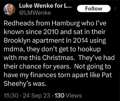 luke wenke falsely accuses stalking victim katie of ruining pat sheehys life x/twitter screenshot september 2023