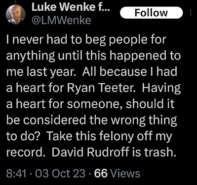 luke wenke being an incel over stalking victim benjamin ryan teeter x/twitter screenshot october 2023