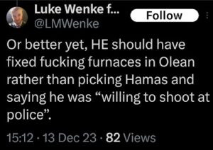 screenshot of a december 2023 facebook post by luke wenke complaining about benjamin ryan teeter not wanting to date him