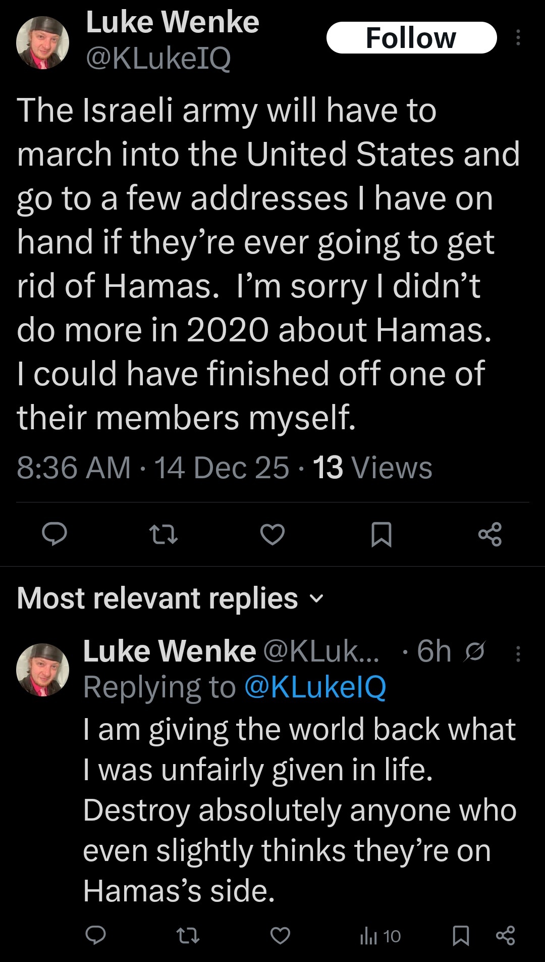 luke wenke talking about killing his stalking victims on x/twitter december 2025
