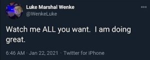 screenshot of a luke wenke x/twitter post claiming he's doing great 2020