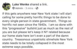 screenshot of a 2020 luke wenke facebook post threatening violence against liberals