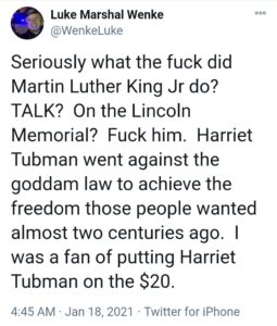 screenshot of a racist x/twitter post by luke wenke insulting martin luther king jr. 2021