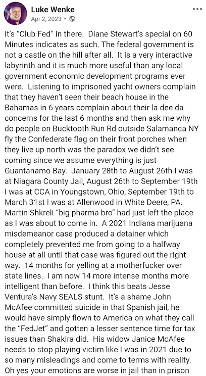 luke wenke facebook screenshot calling federal prison "club fed" april 2023