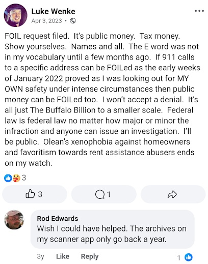luke wenke brags about filing a freedom of information foil request facebook screenshot april 2023