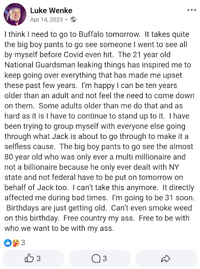 luke wenke hates america because he can't smoke weed on his birthday and blames the us for his romantic failures april 2023 facebok screenshot