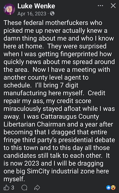 Luke Wenke blames the federal authorities for his self-inflicted legal problems facebook screenshot april 2023