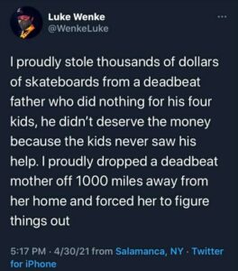 screenshot of a luke wenke x/twitter post bragging about stealing 2021