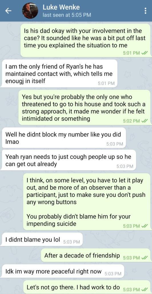 telegram conversation between luke wenke and katie 2020