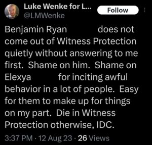 luke wenke x twitter screenshot ryan benjamin teeter obsession 2023
