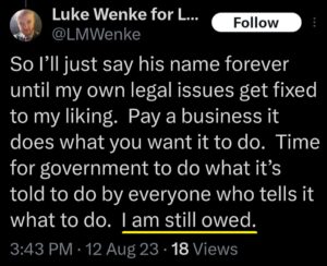 luke wenke twitter screenshot owed demands 2023 x entitled