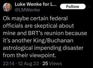 screenshot of an august 2023 luke wenke x/twitter post about stalking victim benjamin ryan teeter