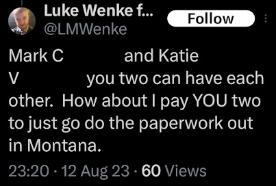 screenshot of an august 2023 luke wenke x/twitter post telling stalking victims to fuck each other