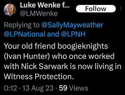 screenshot of an august 2023 luke wenke facebook post claiming ivan hunter is in witness protection
