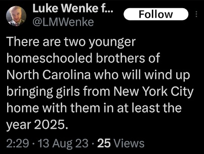 screenshot of an august 2023 luke wenke x/twitter post obsessing over stalking victim benjamin ryan teeter's family younger brothers