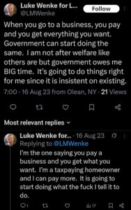 luke wenke mocking welfare recipients and poor people on twitter august 2023