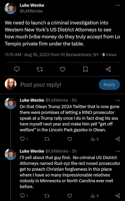 screenshot of an august 2023 luke wenke x/twitter post accusing western ny prosecutors of taking bribes