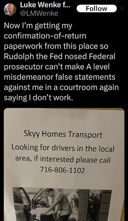 luke wenke brags about finding a job as a medical transport driver x/twitter screenshot august 2023