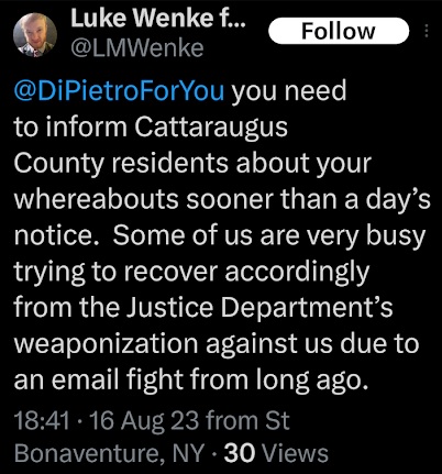 screenshot of an august 2023 luke wenke x/twitter post demanding punctuality from new york assemblyman David DiPietro