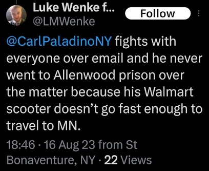 screenshot of an august 2023 luke wenke x/twitter post obsessing over WNY businessman Carl Paladino