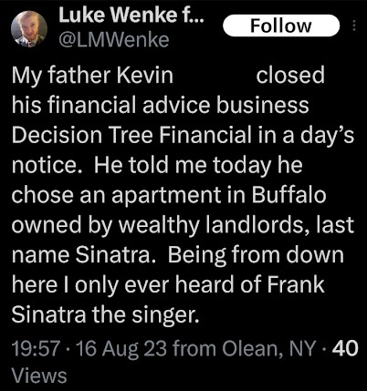 screenshot of an august 2023 luke wenke x/twitter post trash talking his own father