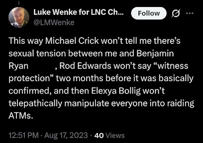 screenshot of an august 2023 luke wenke x/twitter post blaming fake psychics for his obsession with stalking victim ryan teeter