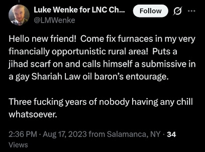 luke wenke mocks stalking victim benjamin ryan teeter x/twitter screenshot August 2023