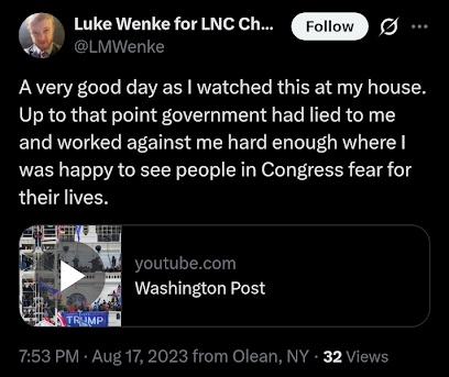 luke wenke wants congress members to fear for their lives x/twitter screenshot august 2023