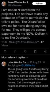 luke wenke racist olean police olean katie obsession twitter x screenshot