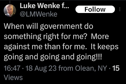 x/twitter screenshot august 2023 Luke Wenke feels owed by the US government