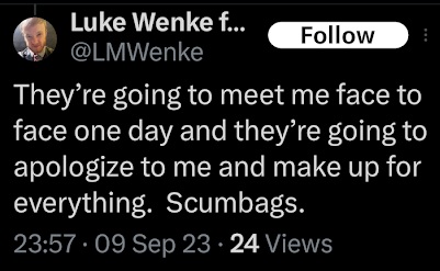 luke wenke demands in-person meeting and apologies from stalking victims x/twitter screenshot september 2023