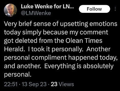 Luke Wenke whines in an x/twitter post about the Olean Times Herald deleting his comment september 2023