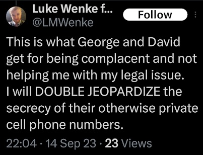 luke wenke threatens to doxx george borrello and david dipietro for not helping with his legal case x/twitter screenshot september 2023