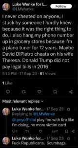 luke wenke x twitter screenshot incel talk david dipietro false allegations 2023