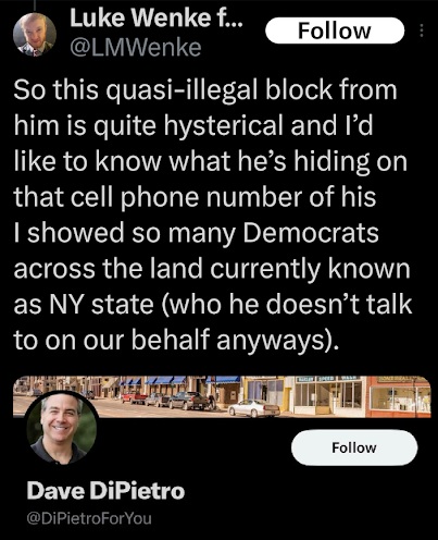 NY assemblyman david dipietro blocks luke wenke on x/twitter september 2023 screenshot