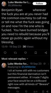 luke wenke x twitter screenshot benjamin ryan teeter obsession 2023