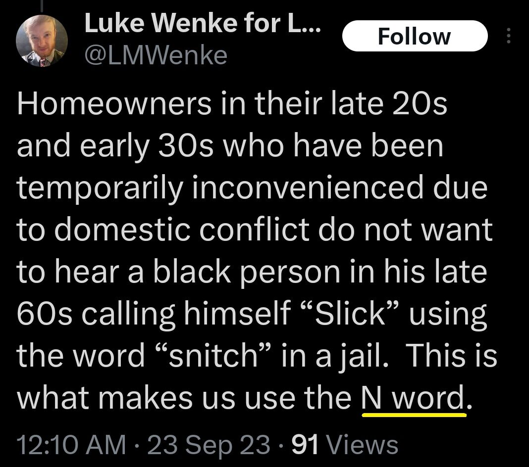 luke wenke x twitter screenshot racist tweet n word 2023