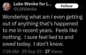 luke wenke x twitter screenshot self-pity owed incel