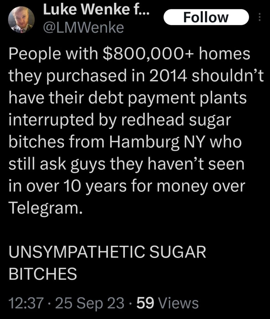 screenshot of a september 2023 luke wenke x/twitter pots mocking stalking victim katie as a "sugar bitch"