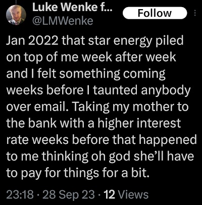 luke wenke admits to having a "bad feeling" weeks before his cyberstalking arrest x/twitter screenshot september 2023