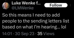 luke wenke x twitter screenshot letter writing obsession 2023