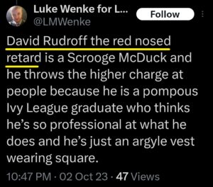 luke wenke x twitter screenshot us attorney david rudroff obsession 2023