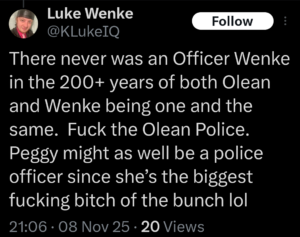 luke wenke twitter x screenshot antipolice 2025 olean cattaraugus county
