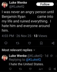 screenshot of luke wenke falsely blaming stalking victim ryan teeter for his personality changes and anger issues november 2025