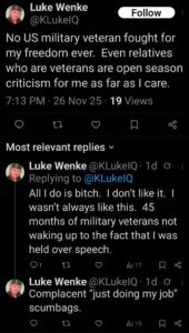 luke wenke x twitter screenshot antimilitary antiveteran antiamerican