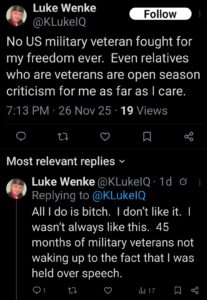 screenshot of a november 2025 Luke Wenke X/Twitter post blaming us military veterans for his legal problems