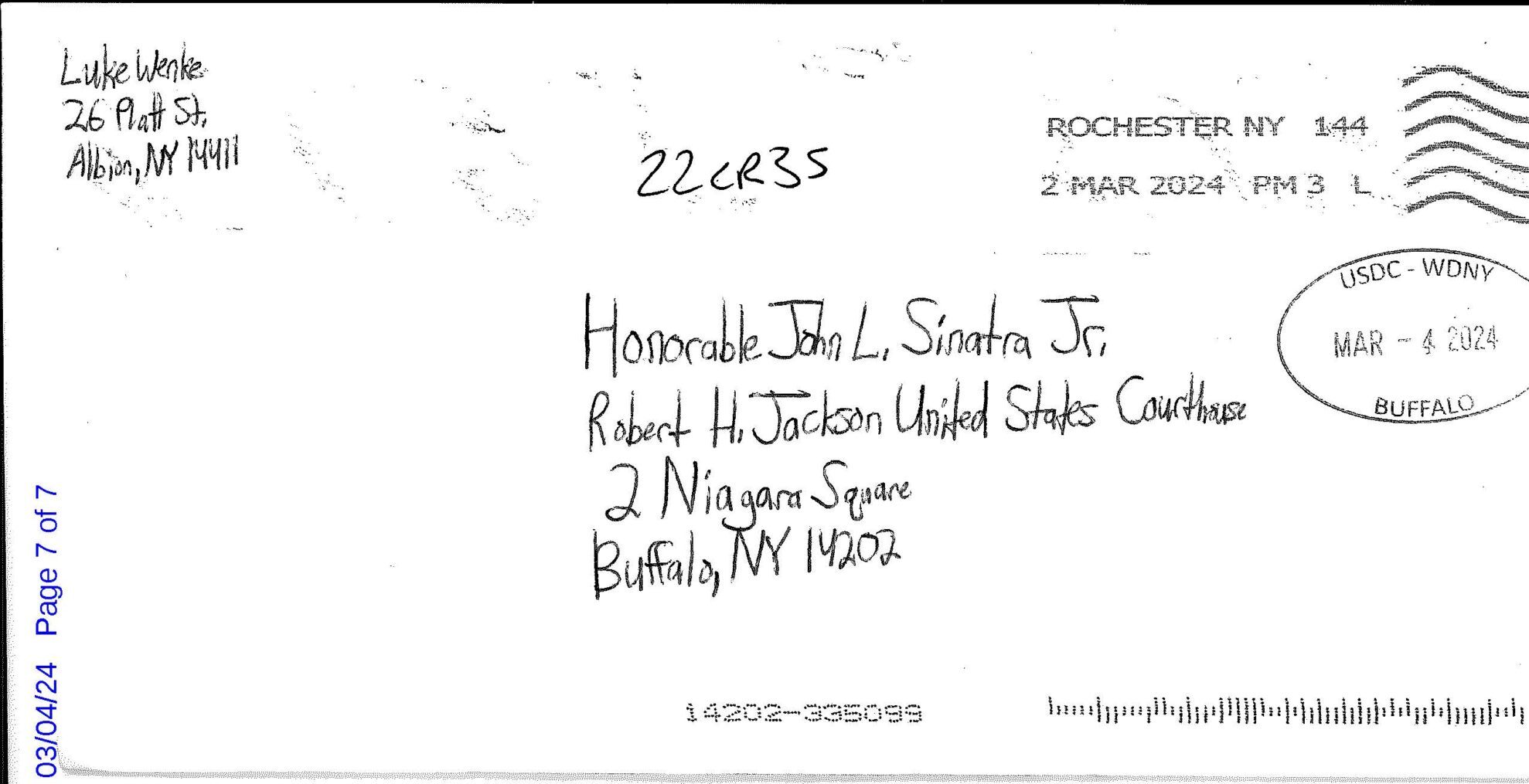 a letter from luke wenke to federal judge john sinatra jr.; march 2024