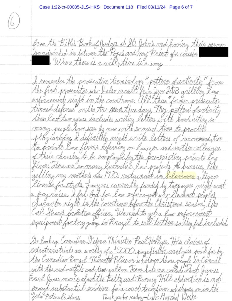 letter from luke wenke to federal judge john sinatra jr. march 2024