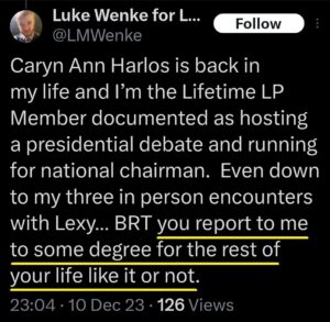 luke wenke x twitter screenshot benjamin ryan teeter obsession threats demands 2023