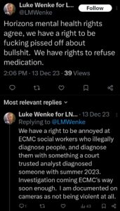 screenshot of a december 2023 luke wenke x/twitter post denying mental illness and complaining about court-ordered treatment